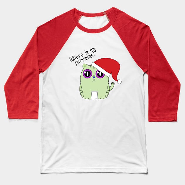 Christmas Cat Present Baseball T-Shirt by Mey Designs